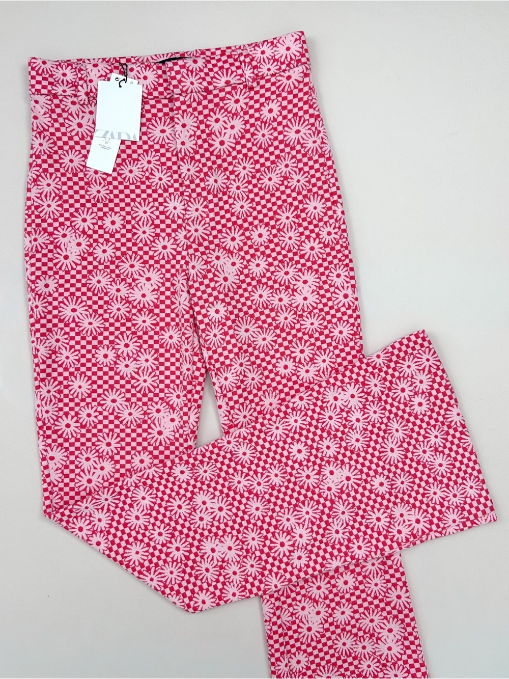 Zara Red Floral Checkered Stretch Knit High-Rise Flared Bell Bottom Pants NWT